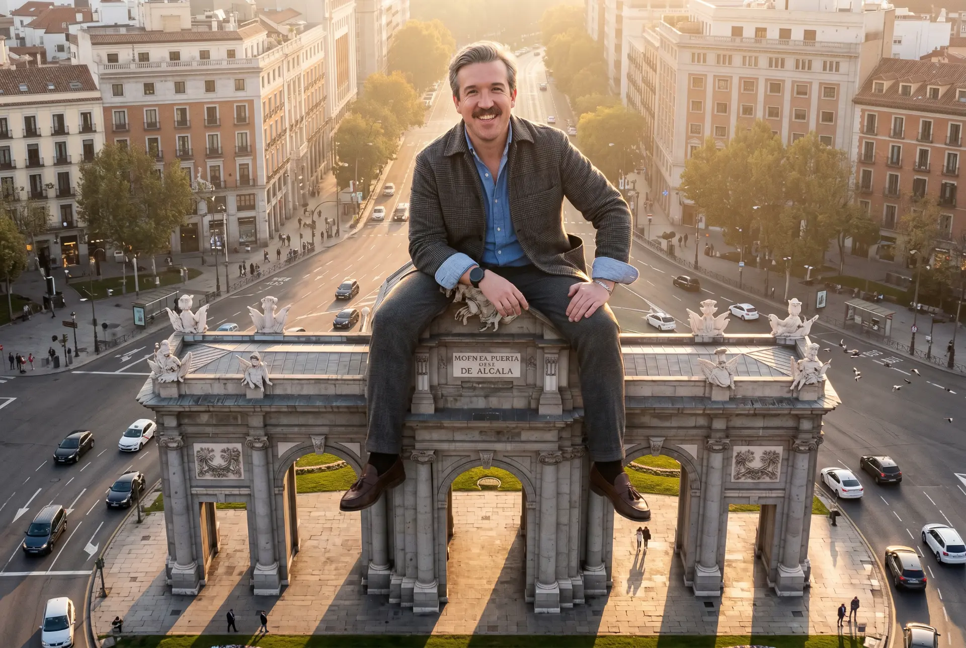 Borja Vega, a escala gigante, sentado sobre la Puerta de Alcalá al atardecer