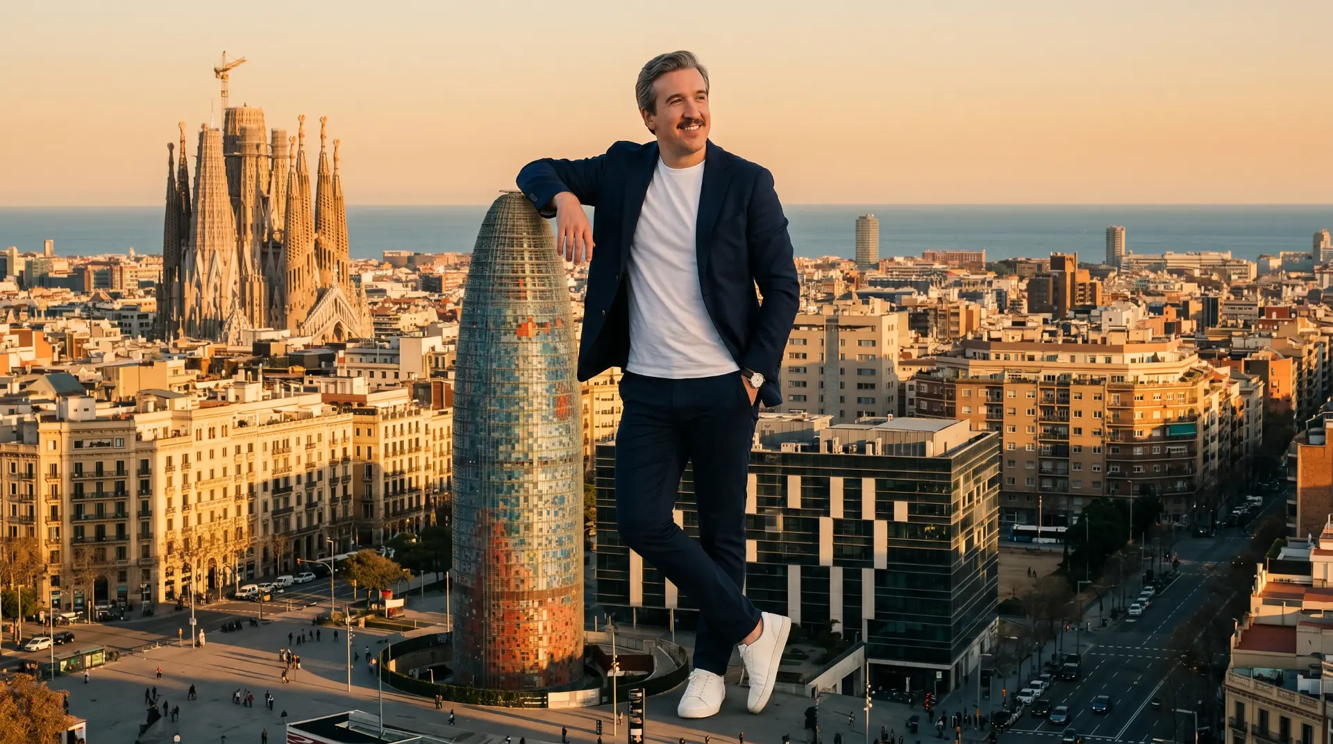 Borja Vega, a escala gigante, apoyado en la Torre Glòries sobre el skyline de Barcelona