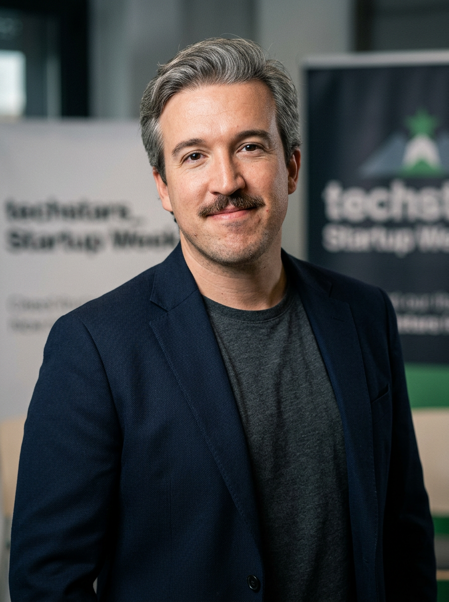 Retrato editorial de Borja Vega frente a los photocalls de Techstars Startup Week